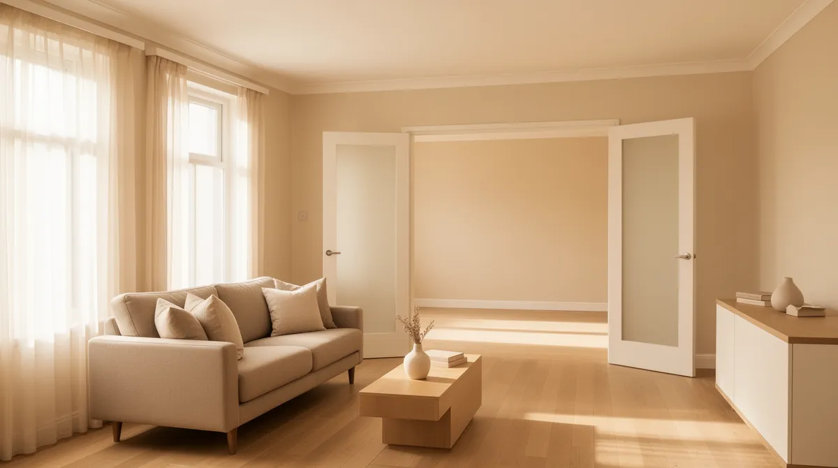 Ein aufgeräumtes, sonnendurchflutetes Wohnzimmer mit neutralen Farben und minimalistischer Einrichtung.