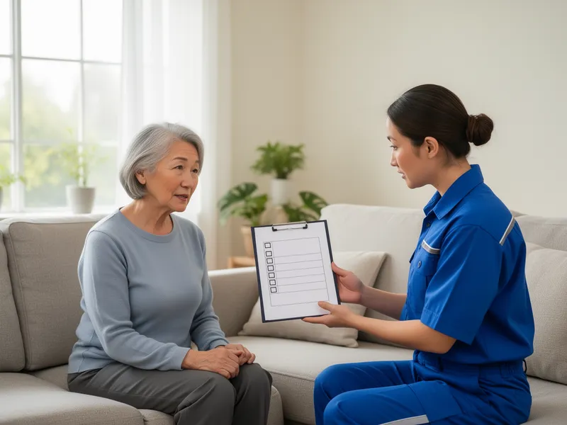 Ein Teamleiter in blauer Uniform bespricht mit einem Senior eine Checkliste in einem aufgeräumten Wohnzimmer.