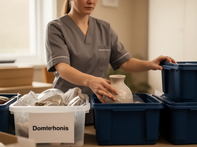 Eine professionelle Organisatorin sortiert Haushaltsgegenstände und legt eine Vase in eine beschriftete Aufbewahrungsbox.