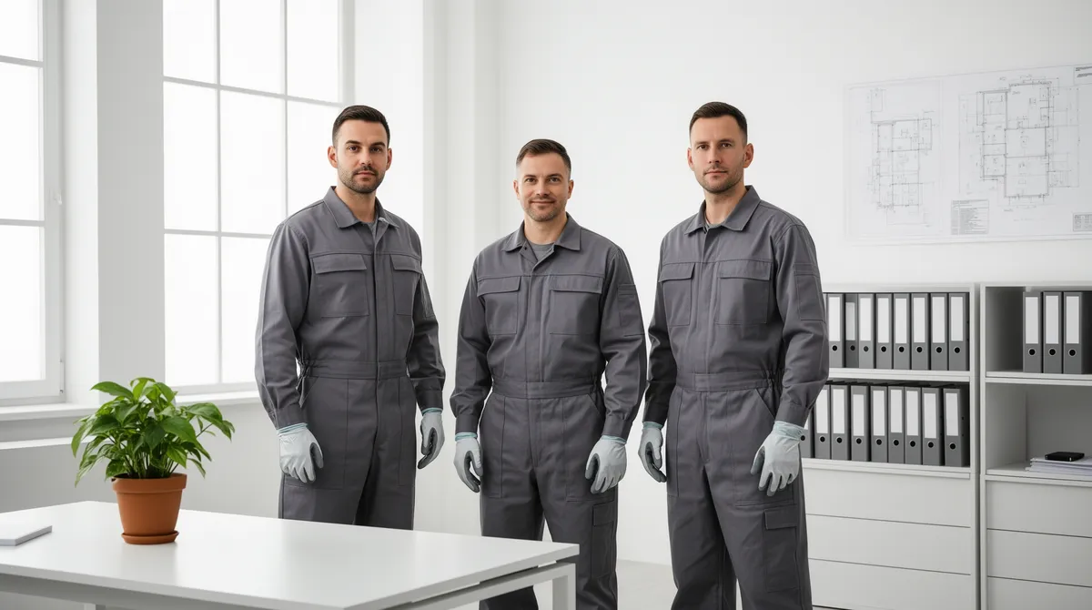 Drei Arbeiter in grauen Overalls stehen in einem hellen, aufgeräumten Büro mit Schreibtisch und Aktenregalen.