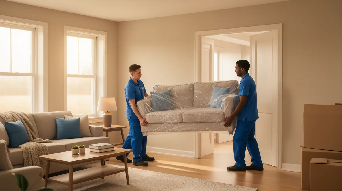 Ein aufgeräumtes Wohnzimmer mit Morgenlicht, in dem Möbelpacker ein Sofa durch die Tür tragen.