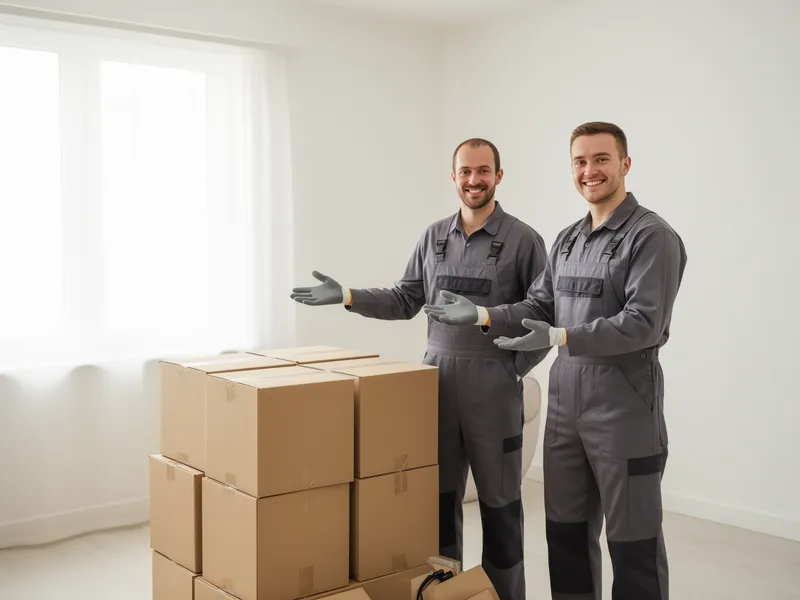 Zwei Arbeiter in grauen Overalls lächeln und zeigen auf einen Stapel Umzugskartons in einer leeren, hellen Wohnung.