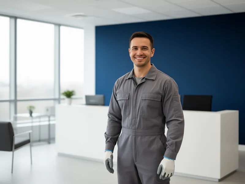 Ein Arbeiter in grauem Overall lächelt in einem hellen, modernen Büroempfangsbereich.