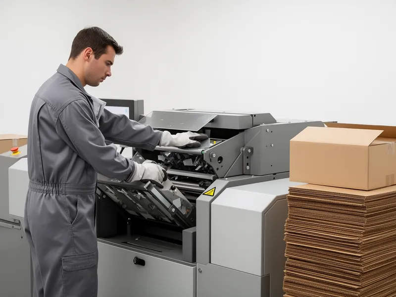 Ein Arbeiter in grauem Overall bedient einen Industrie-Schredder in einem hellen Raum, während Kartons bereitliegen.