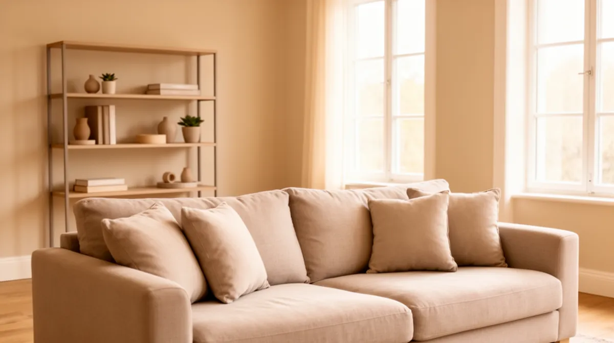 Ein aufgeräumtes Wohnzimmer mit geordneter Couch, Bücherregal und großen Fenstern mit Tageslicht.