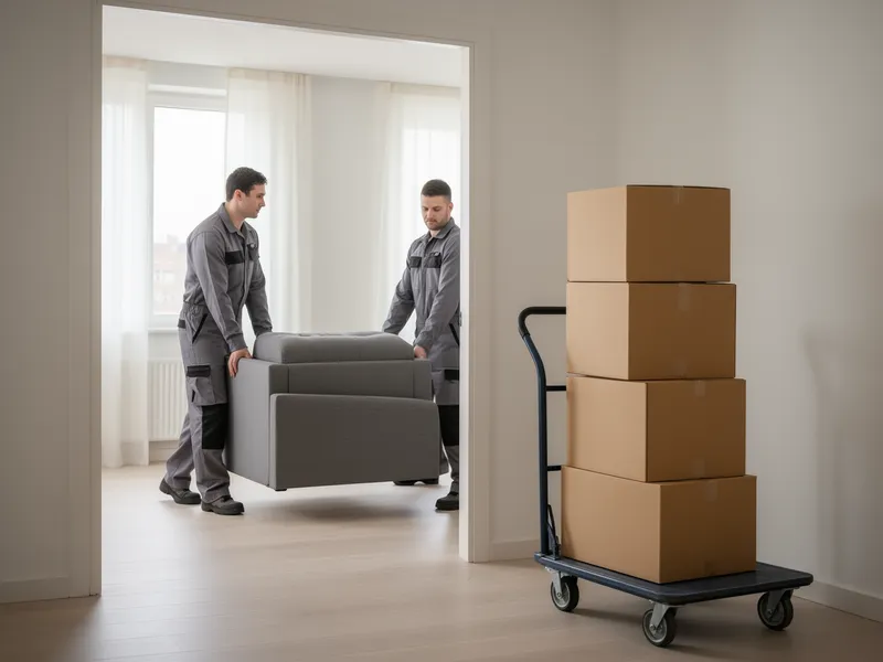 Ein professionelles Umzugsunternehmen trägt eine neutrale Couch durch eine Tür, während Kartons auf einem Wagen bereitstehen.