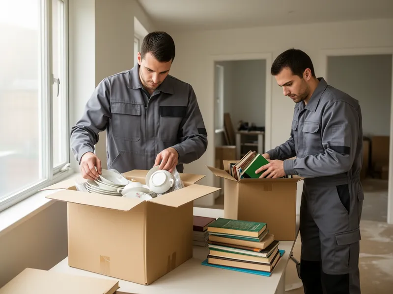 Zwei Umzugshelfer sortieren sorgfältig Geschirr und Bücher in einer teilweise geräumten Wohnung.
