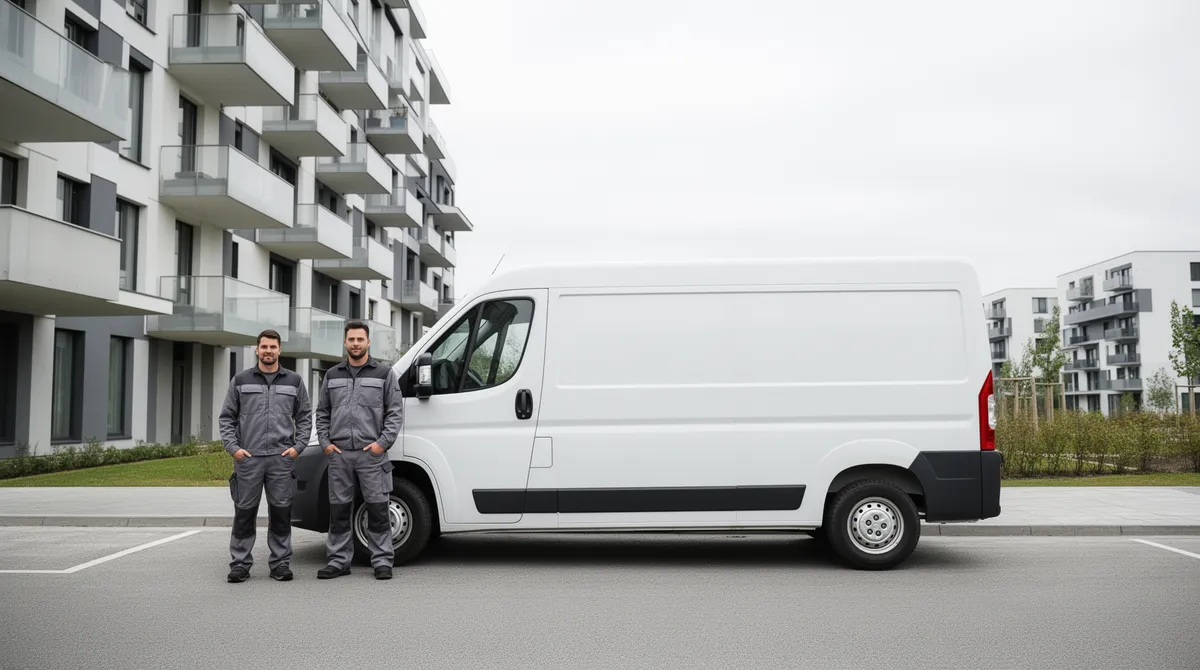 Ein weißer Lieferwagen parkt vor einem modernen Wohnhaus, zwei Arbeiter in grauer Uniform stehen daneben.