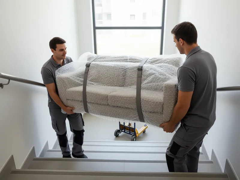 Zwei Umzugshelfer in grauen Uniformen tragen eine eingepackte Couch eine moderne Treppe hinunter.