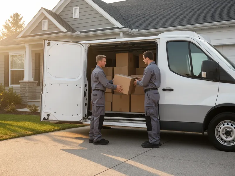 Zwei Arbeiter in grauen Uniformen laden Kartons in einen weißen Transporter vor einem Wohnhaus.