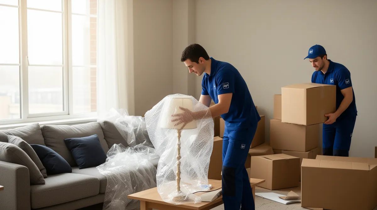 Ein Umzugsteam in einheitlicher Kleidung räumt ein Wohnzimmer aus, eine Person packt eine Lampe ein.