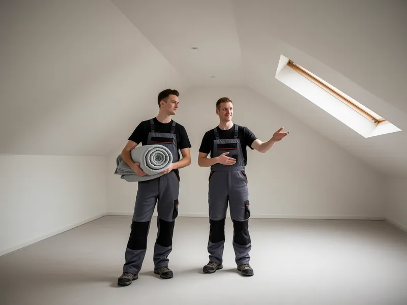 Zwei Arbeiter in sauberer Kleidung stehen in einem leeren, aufgeräumten Dachboden.