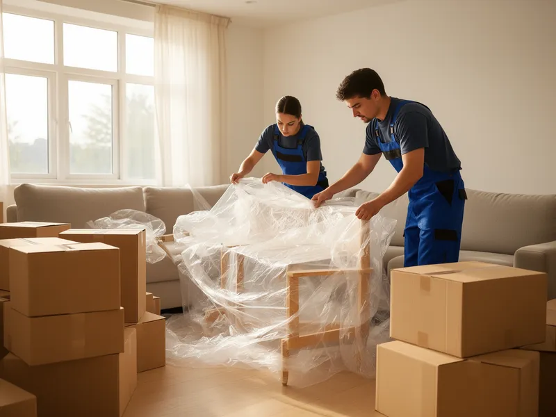 Zwei Umzugshelfer verpacken sorgfältig ein Möbelstück in einer sonnendurchfluteten Wohnung.