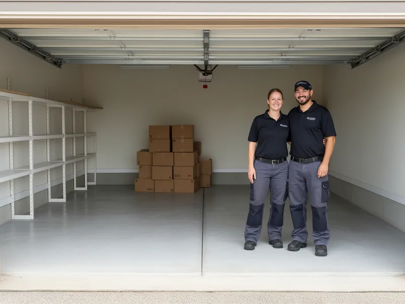 Zwei Arbeiter lächeln zufrieden neben einem aufgeräumten, leeren Garagenraum mit sauberem Boden.