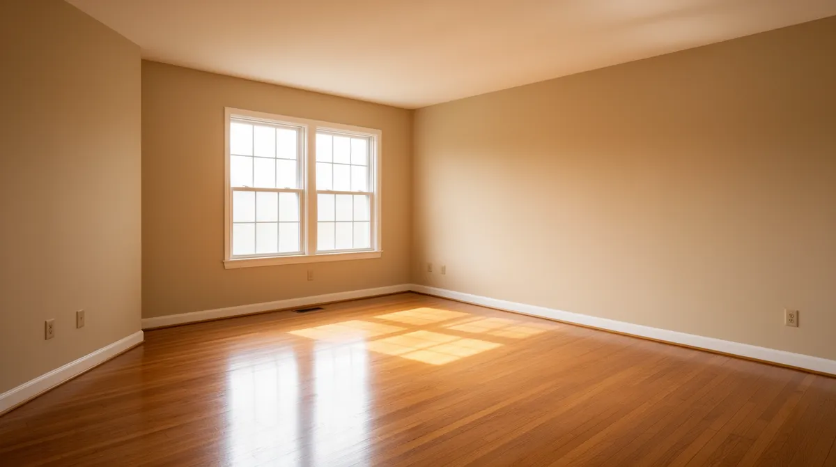 Ein aufgeräumtes Wohnzimmer mit neutralen Wänden, Holzboden und Sonnenlicht durch große Fenster.