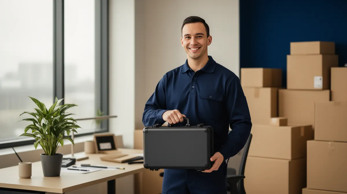 Ein uniformierter Arbeiter mit Werkzeugkoffer lächelt in einem sauberen, modernen Büro mit großen Fenstern.