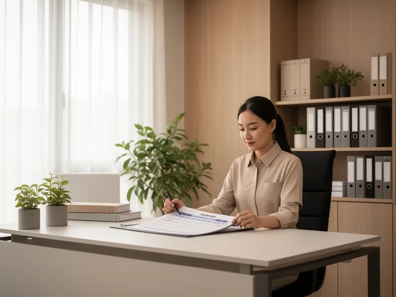 Eine Fachkraft in schlichter Uniform prüft einen Zeitplan an einem minimalistischen Schreibtisch in einem modernen Büro.