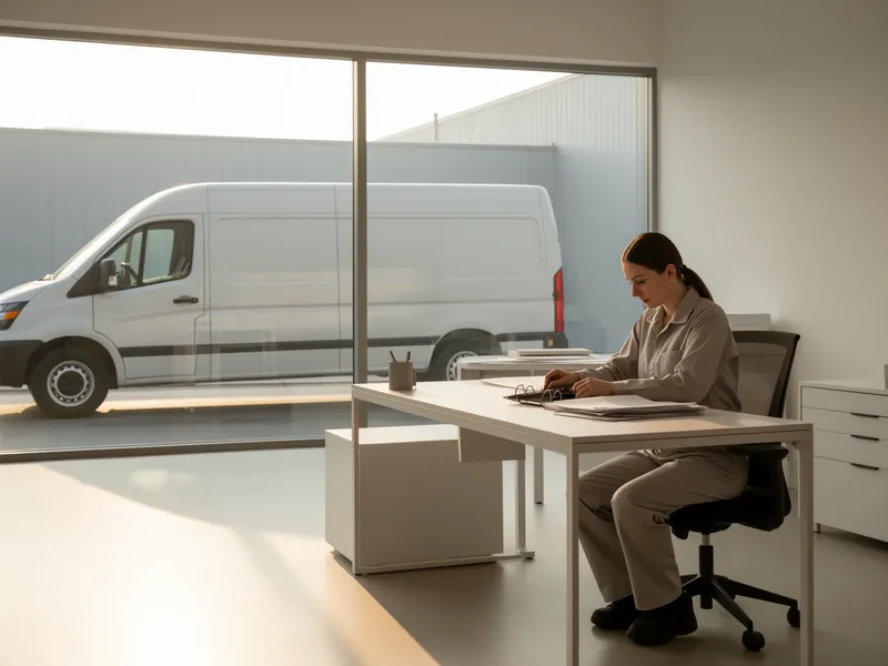 Ein konzentrierter Arbeiter in einfacher Kleidung ordnet einen minimalistischen Schreibtisch in einem aufgeräumten Büro.