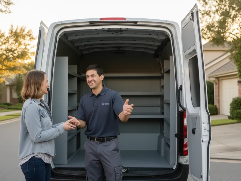 Ein uniformierter Arbeiter lächelt und spricht mit einem Kunden vor einem sauberen, leeren Transporter.