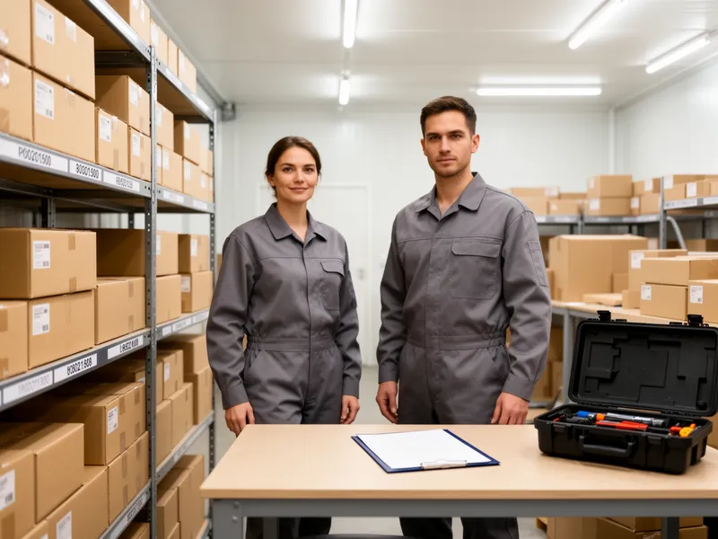 Zwei Arbeiter in grauen Uniformen stehen in einem hellen, organisierten Lager mit etikettierten Regalen.
