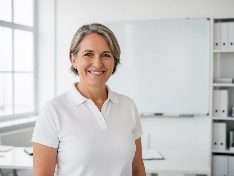 Eine lächelnde Frau mittleren Alters in einem weißen Polohemd steht in einem hellen, aufgeräumten Büro.