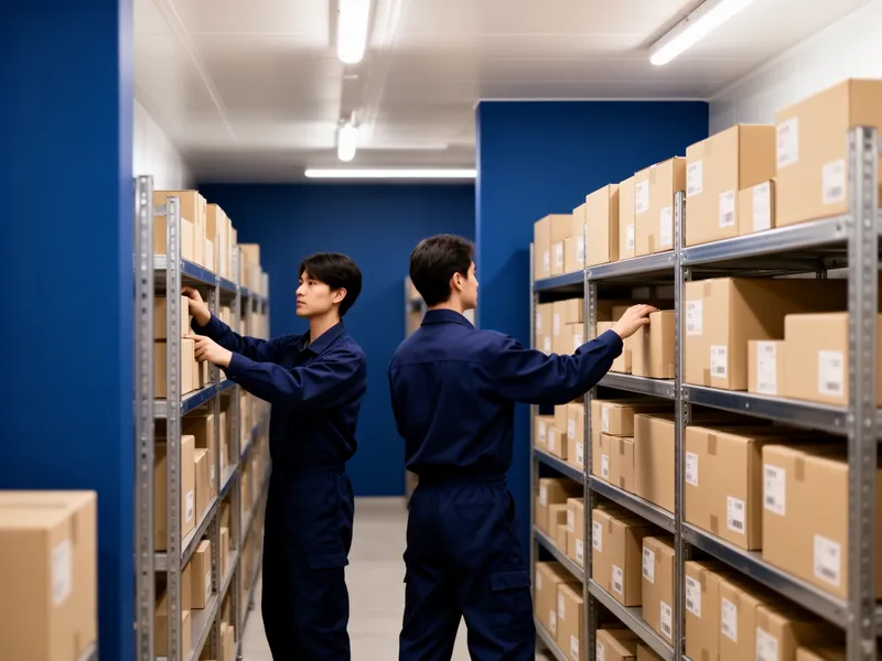 Zwei Arbeiter in dunkelblauen Uniformen organisieren beschriftete Kartons in einem hellen, modernen Lager.