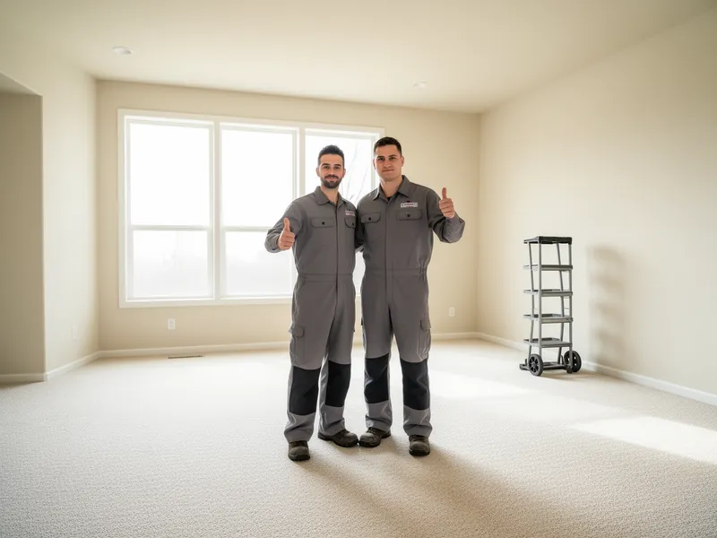 Zwei Reinigungskräfte in grauen Uniformen stehen in einem leeren, sonnendurchfluteten Wohnzimmer.