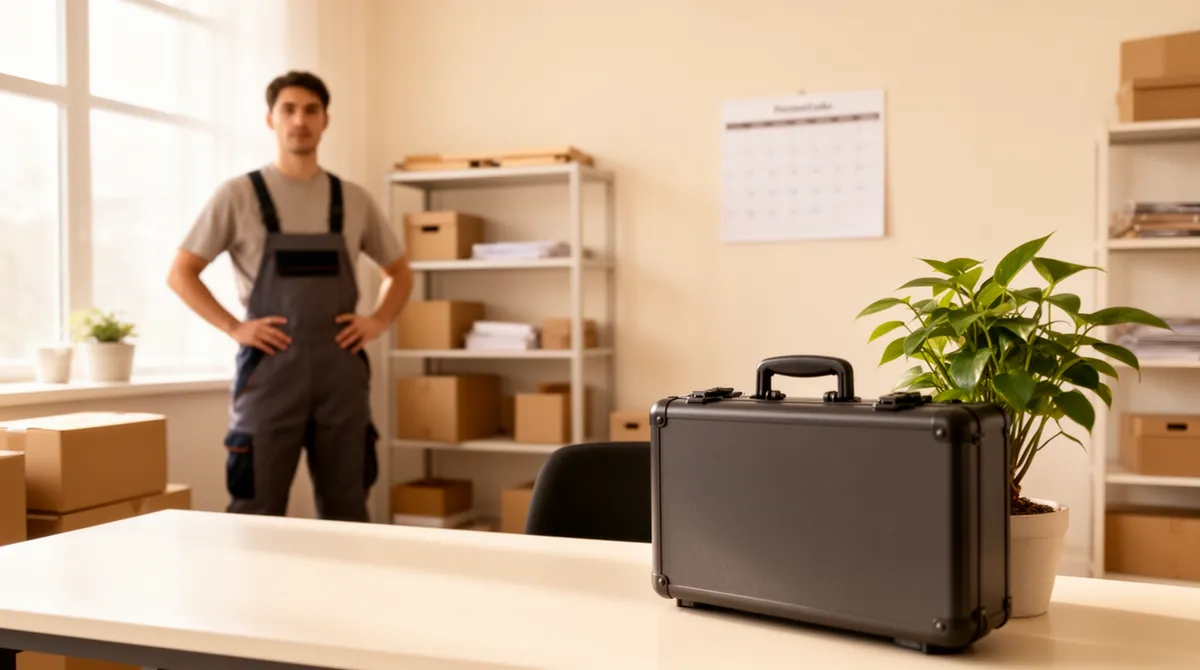 Ein Mitarbeiter steht in einem aufgeräumten Büro mit Schreibtisch, Werkzeugkoffer und Regalen.