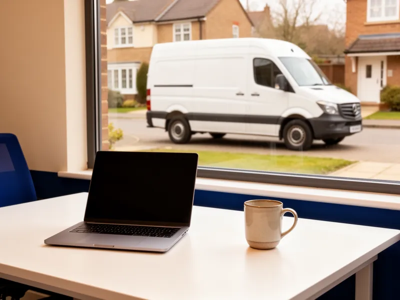 Ein moderner Laptop und eine Keramiktasse auf einem sauberen Schreibtisch vor einem Fenster mit Blick auf eine ruhige