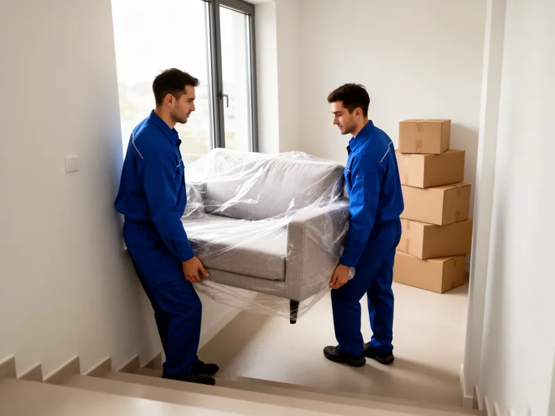 Zwei Arbeiter in blauen Uniformen tragen vorsichtig ein eingepacktes Sofa eine moderne Treppe hinunter.