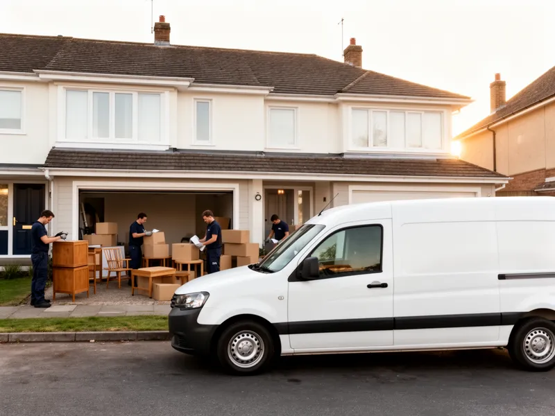 Ein Umzugsteam in Uniform sortiert Möbel und Kartons vor einem Wohnhaus, ein weißer Transporter steht davor.