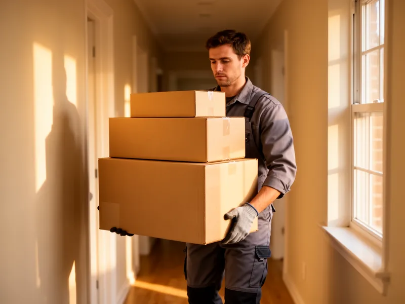 Ein professioneller Umzugshelfer trägt einen Stapel sauberer Kartons durch einen Wohnungsflur.