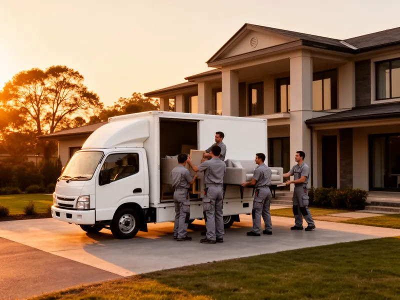 Ein professionelles Team lädt die letzten Möbelstücke in einen weißen Lieferwagen vor einem modernen Haus bei