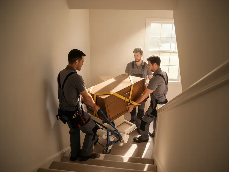 Ein Umzugsteam trägt Möbel vorsichtig eine Treppe in einem Wohnhaus hinunter.