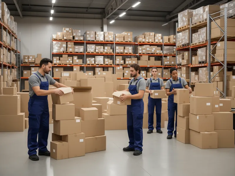 Ein professionelles Team in sauberer Arbeitskleidung organisiert beschriftete Umzugskartons in einem modernen Lagerhaus.
