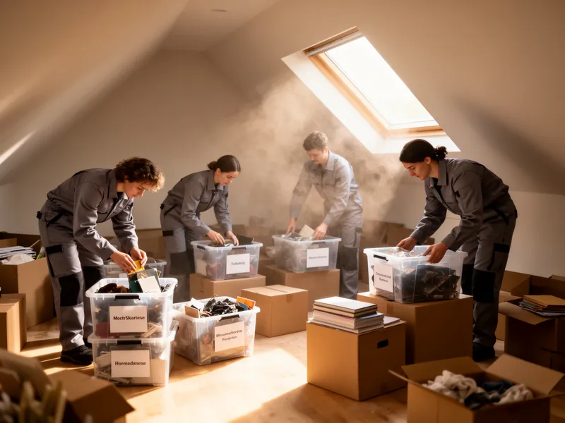 Ein Team in grauen Uniformen sortiert und räumt einen sonnendurchfluteten Dachboden auf.