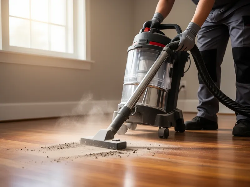 Arbeiterhand mit Handschuh bedient einen Industriestaubsauger, der feinen Staub von einem Holzboden entfernt.