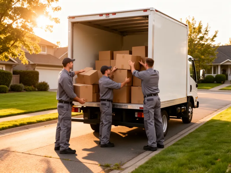Arbeiter in grauen Uniformen laden Umzugskartons in einen modernen Transporter vor einem Wohnhaus.