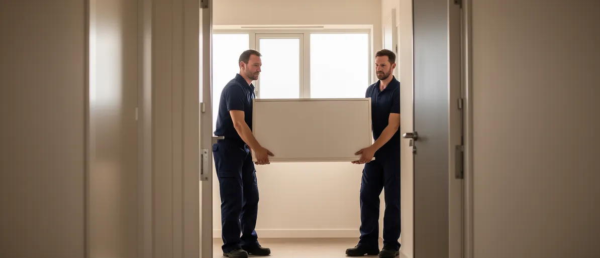 Zwei Umzugshelfer in dunkler Arbeitskleidung tragen ein großes Möbelstück aus einer modernen Wohnung.