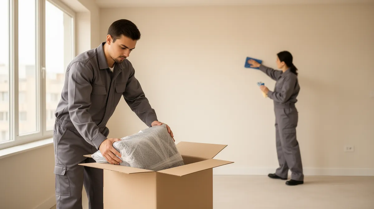 Ein Reinigungsteam in grauer Arbeitskleidung räumt eine leere Wohnung auf und verpackt Gegenstände.
