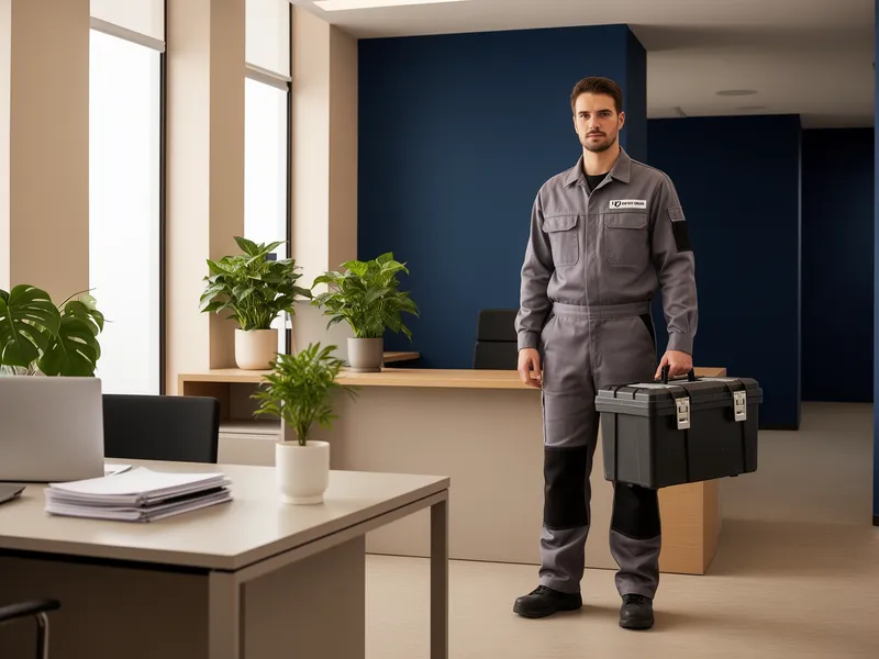 Ein Fachmann in grauer Arbeitskleidung steht mit einem Werkzeugkoffer an einem minimalistischen Schreibtisch in einem