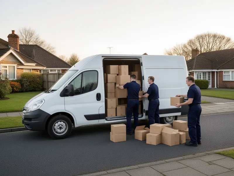 Umzugshelfer in blauer Arbeitskleidung verladen Kartons in einen weißen Transporter vor einem Vorstadthaus.