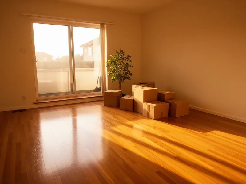 Ein aufgeräumtes Wohnzimmer mit Sonnenlicht auf Holzboden, leeren Kartons und einer Pflanze.