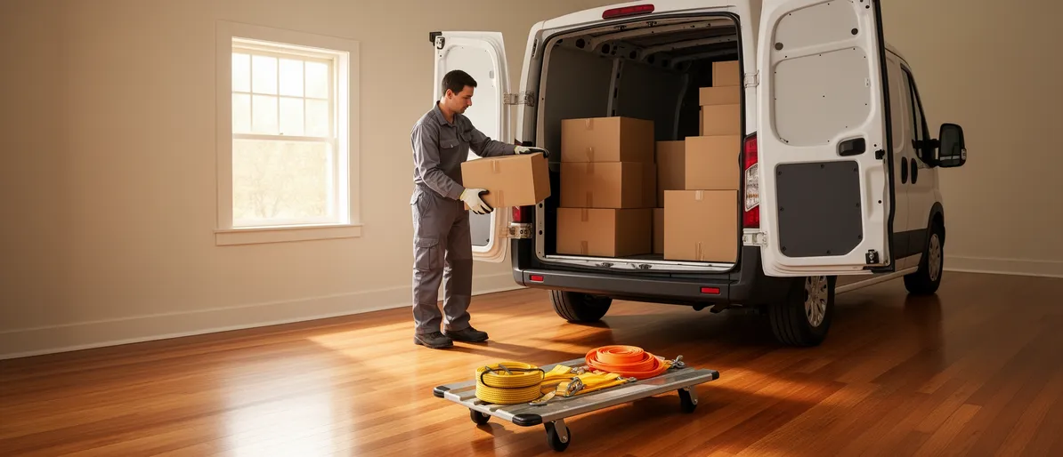 Ein Arbeiter lädt ordentlich eine Umzugskiste in einen unmarkierten Transporter in einem leeren Wohnzimmer.