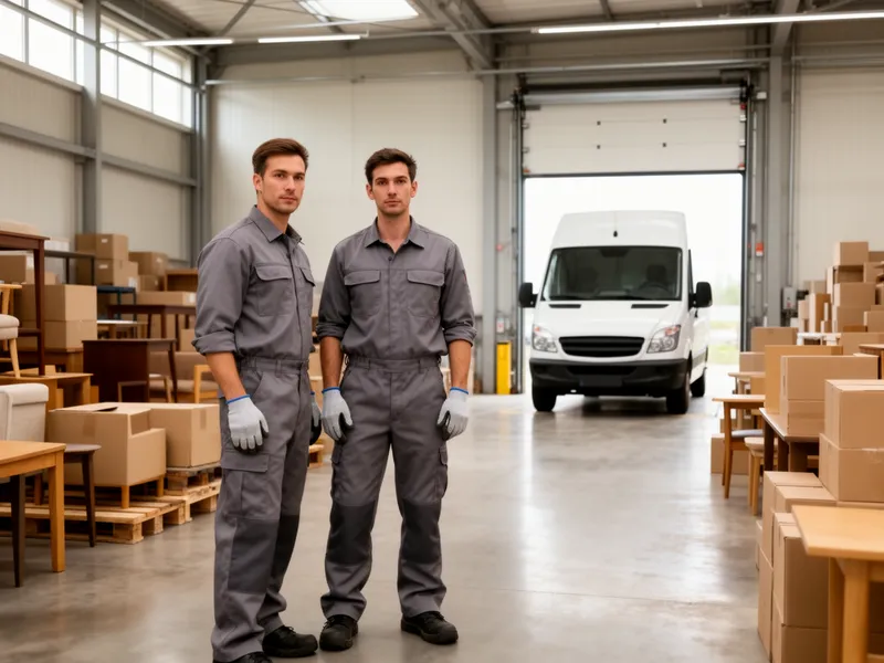 Zwei Arbeiter in grauer Arbeitskleidung stehen in einem Lager mit sortierten Möbeln und Kartons.