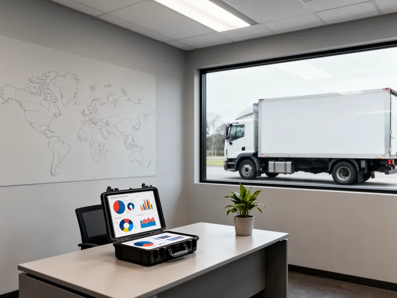 Ein aufgeräumtes Büro mit Schreibtisch, Werkzeugkoffer und einer Pflanze, durch das Fenster ist ein einfacher LKW zu sehen.