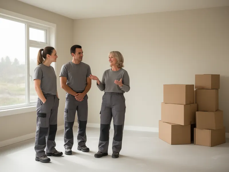 Ein Team in grauer Arbeitskleidung hört einer zufriedenen Hausbesitzerin in einem leeren, aufgeräumten Wohnzimmer zu.