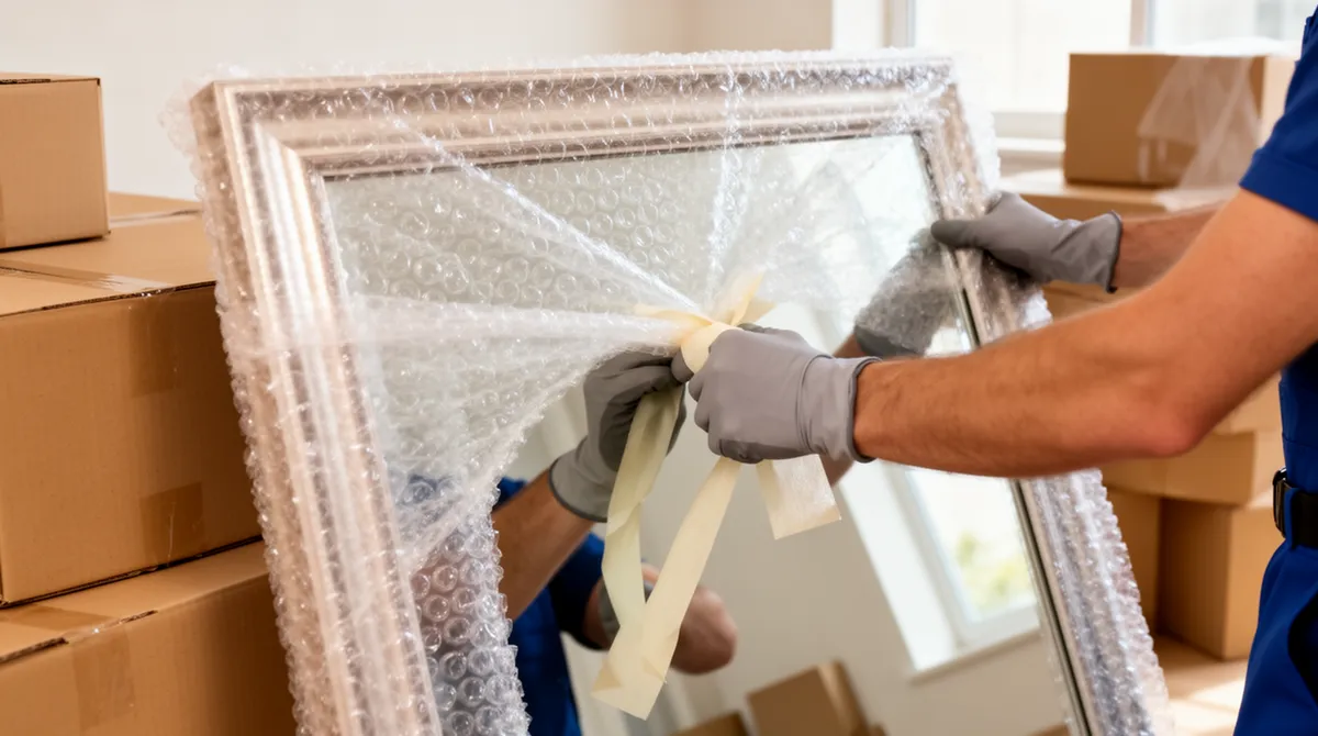 Ein Fachmann mit Handschuhen verpackt einen großen gerahmten Spiegel sorgfältig in Luftpolsterfolie.