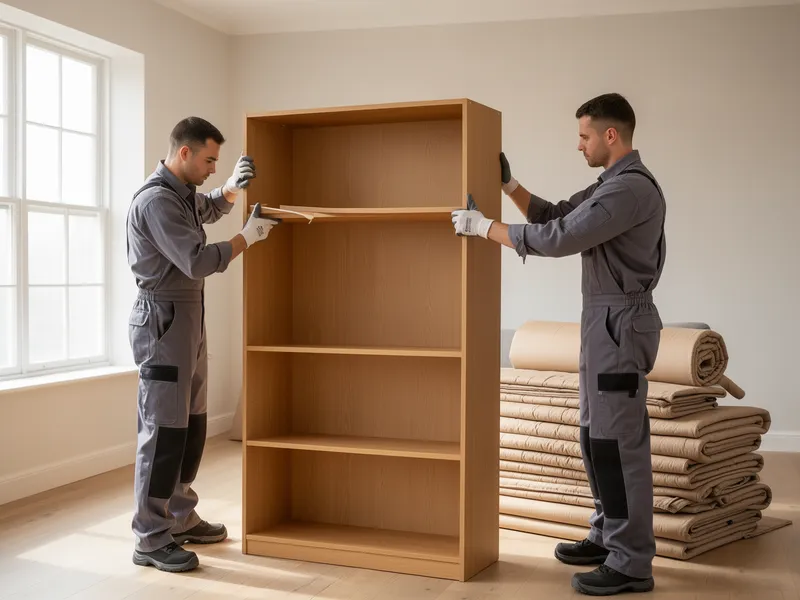 Zwei Umzugshelfer in grauer Arbeitskleidung bauen einen Bücherregal in einem leeren Wohnzimmer ab.