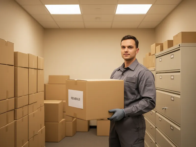 Ein Umzugsspezialist in grauer Uniform hält einen beschrifteten Karton in einem ordentlichen Bürolagerraum.